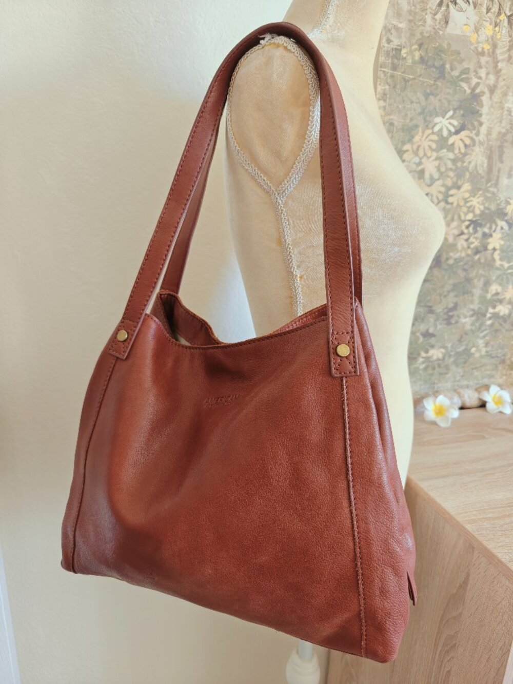 American Leather Co Cognac Brown Leather Hobo Shoulder Bag Tote